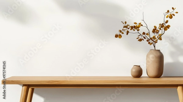 Fototapeta Solid teak wood dining bench with a smooth, natural grain, positioned next to a long wooden table in a modern dining room. [Teak bench], [minimalism, natural] 