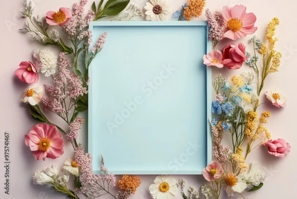 Fototapeta A whimsical floral border surrounds a light blue frame set on a soft background for creative display and artistic elements