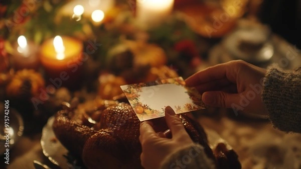 Fototapeta A back view of a Thanksgiving turkey gift card being lifted from a table, with the plain side briefly visible
