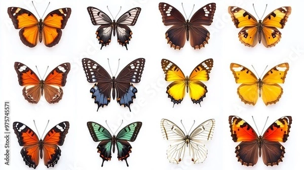 Fototapeta A Colorful Collection of Butterfly Wings Against a Clean White Background. AI Generated