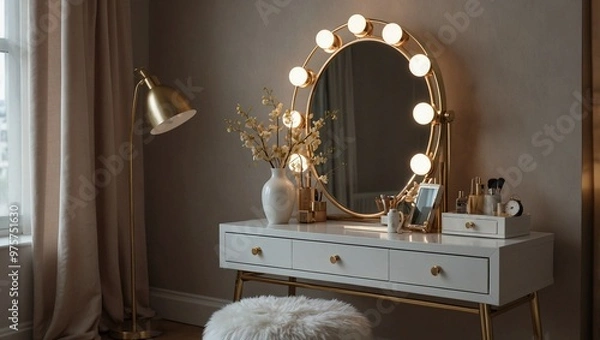 Fototapeta photo of make up table with large mirror made by AI generative