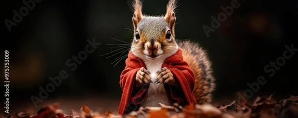 Fototapeta Squirrel wearing a wizard's robe, casting spells in a dark forest, wizard squirrel, mystical woodland creature