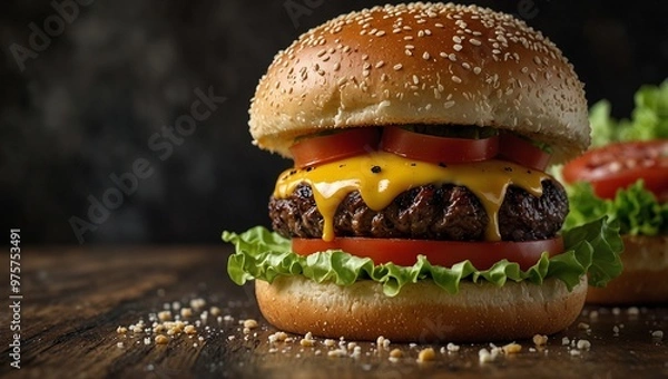 Fototapeta Detailed focus photo of a delicious looking hamburger made by AI generative