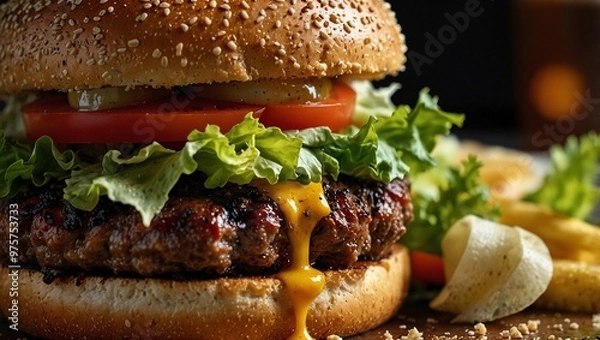 Fototapeta Detail focus photo of a delicious hamburger made by AI generative