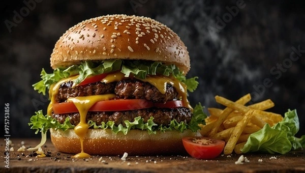 Fototapeta focus photo of delicious looking hamburger on black background made by AI generative