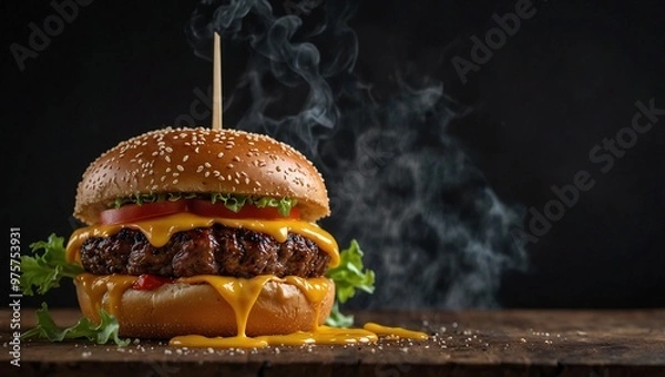 Fototapeta focus photo of delicious looking hamburger on black background made by AI generative
