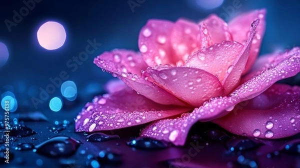 Fototapeta Pink Rose with Dew Drops and Blue Bokeh Lights