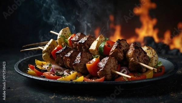 Fototapeta photo of delicious looking grilled meat and vegetable food dish made by AI generative