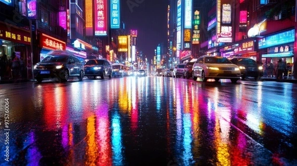 Fototapeta Neon Lights Reflecting in Wet Street at Night