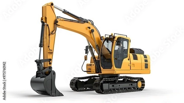 Fototapeta A yellow construction vehicle with a black cab isolated on white background