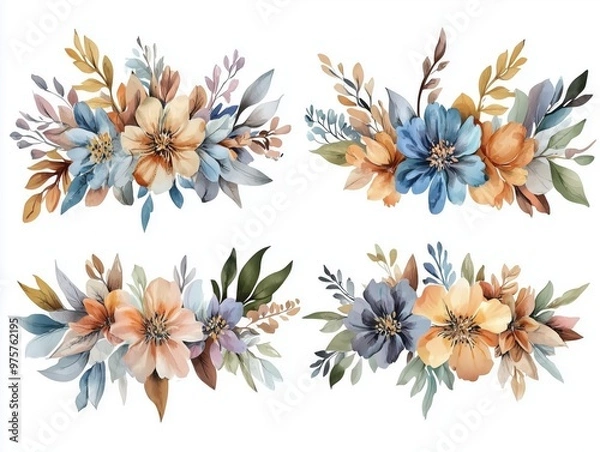 Fototapeta Rustic Watercolor Floral Arrangements with Earthy Tones

