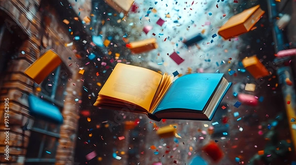 Obraz A book soars with confetti raining down.