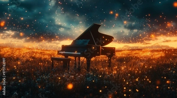 Obraz Grand Piano in a Glowing Field of Fireflies Under a Starry Night Sky

