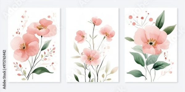 Obraz Set of Three Watercolor Floral Cards with Soft Pink Flowers, Green Leaves, and Delicate Details on White Background

