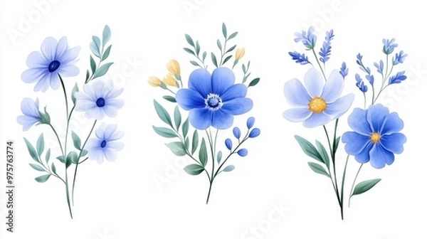 Obraz Set of Three Watercolor Floral Arrangements with Blue and White Flowers, Greenery, and Leaves on White Background

