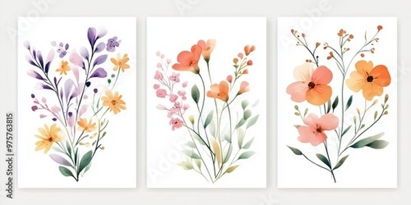Obraz Set of Three Watercolor Floral Cards with Vibrant Purple, Pink, and Orange Flowers and Greenery on White Background

