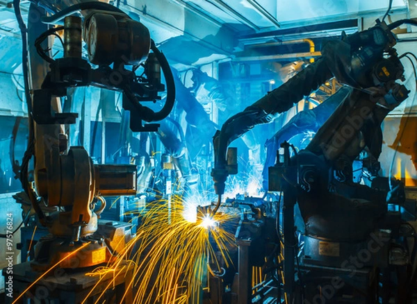 Fototapeta Zespół spawalniczy ruch robota przemysłowa część motoryzacyjna w fabryce