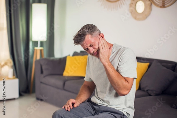 Fototapeta A man holding his face in pain due to a toothache. His expression reveals his suffering as he tries to alleviate the ache. People and healthcare concept