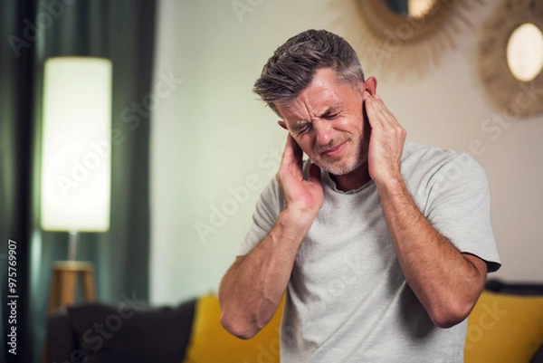 Fototapeta Man covering his ears, stressed or unhappy because of loud music or too much noise. Indoors shot