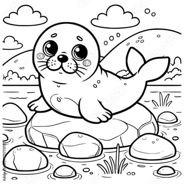 Fototapeta Adorable and Playful Baby Seal Resting on a Rock Coloring Page for Kids’ Fun and Learning Activity