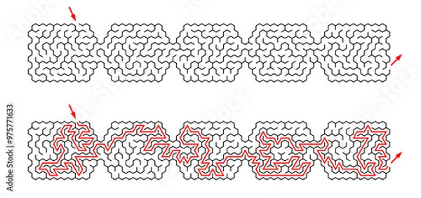 Fototapeta Long labyrinth composed of 5 connected hexagonal mazes. Black and white riddle of medium complexity with solution. Nice brainstorm puzzle. Intermediate difficulty level