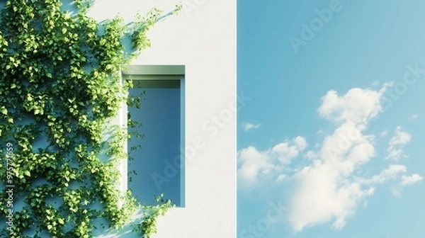 Obraz Green leaves botanical decoration with shadow on the wall building background