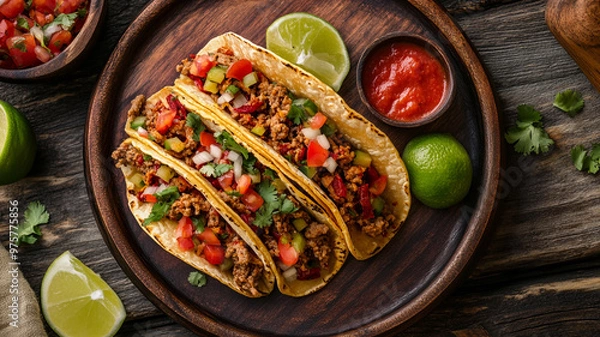 Obraz Celebrate National Taco Day with delicious tacos served on a rustic wooden table