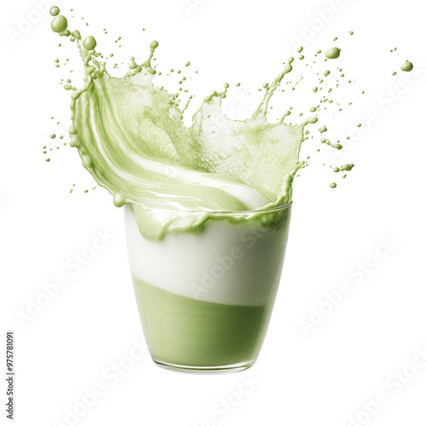 Obraz Green Tea Latte Splashing in Mid-Air with Vivid Motion Captured On Transparent Background
