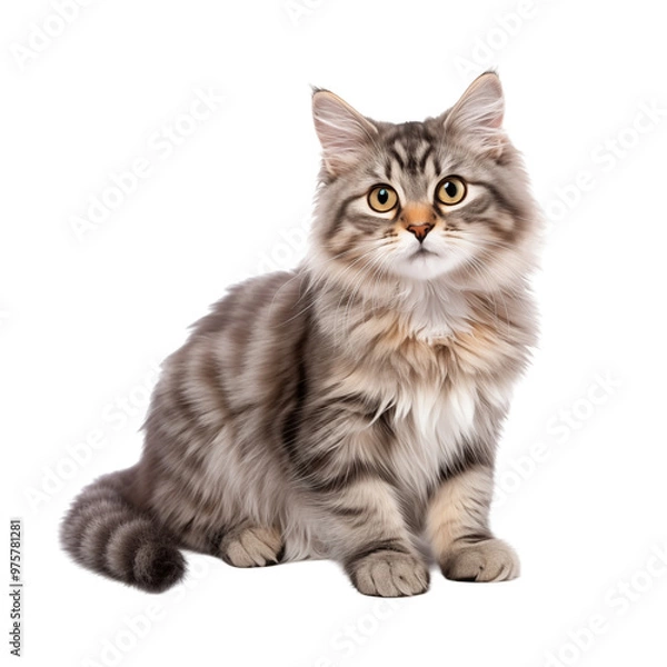 Obraz Fluffy Maine Coon Cat Sitting and Staring Intently on White Studio Background