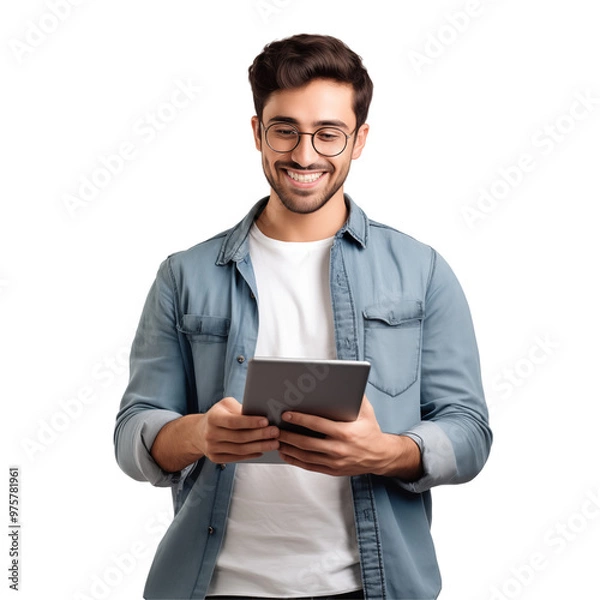 Obraz Smiling Man in Casual Outfit Holding Tablet On Transparent Background for Digital Use