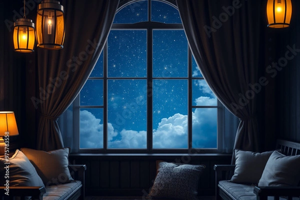 Fototapeta Starry Night Window with Lantern-Lit Room.generative AI