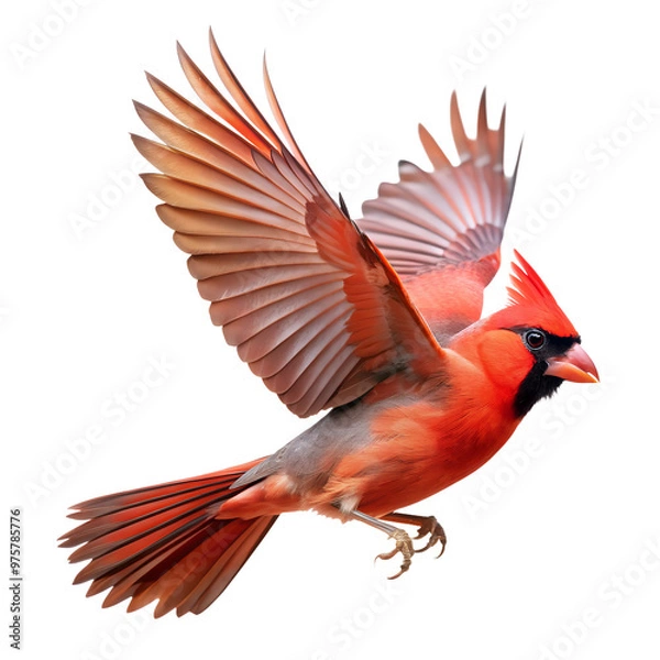 Fototapeta Red Cardinal Bird in Flight with Outstretched Wings, isolated on white transparent background, png element. Northern cardinal symbol of Christmas