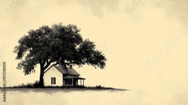 Fototapeta solitary house under large tree on minimalist background, peaceful rural scene. simplicity and isolation concept