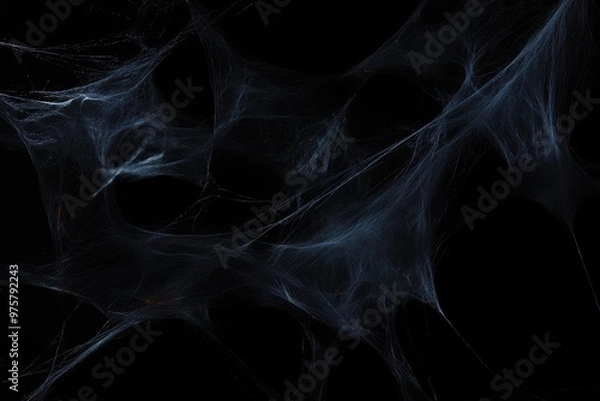 Fototapeta A haunting web of delicate strands glistening in the dark, creating an enchanting atmosphere in an abandoned space during the quiet hours of the night. Halloween background, copy space.