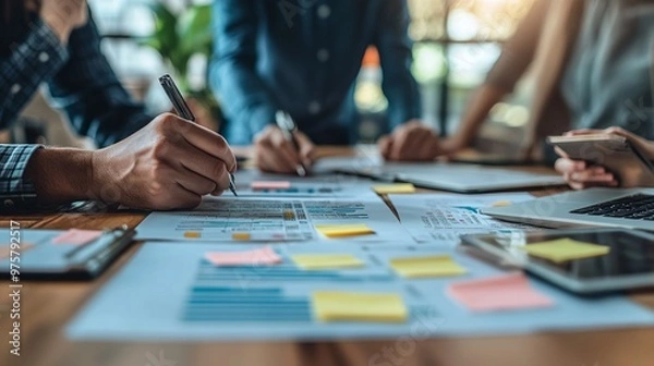 Fototapeta detailed image of a business meeting featuring sticky notes on a board highlighting teamwork, collaboration, and effective planning in a professional workspace