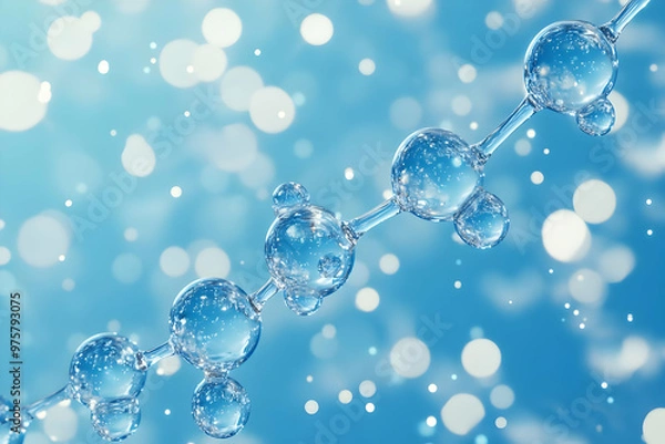 Obraz Close-up of water bubbles on a delicate string, sparkling against a soft blue background, creating a serene and refreshing atmosphere.