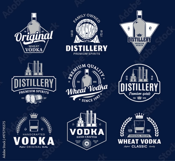 Fototapeta Vector vintage vodka logo isolated on a dark blue background. Distilling business branding and identity design elements