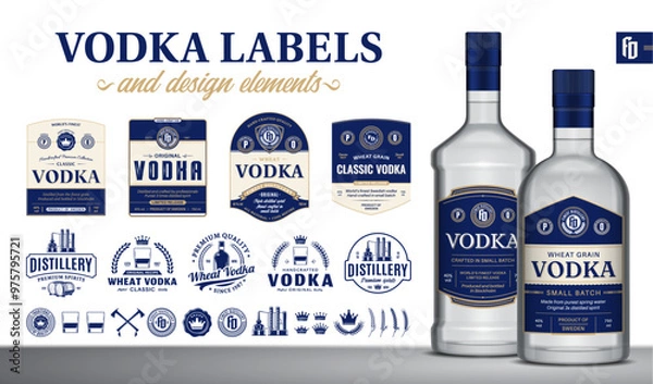 Fototapeta Vector blue and beige vodka labels. Realistic vodka glass bottle mockups. Distillery branding and identity design elements