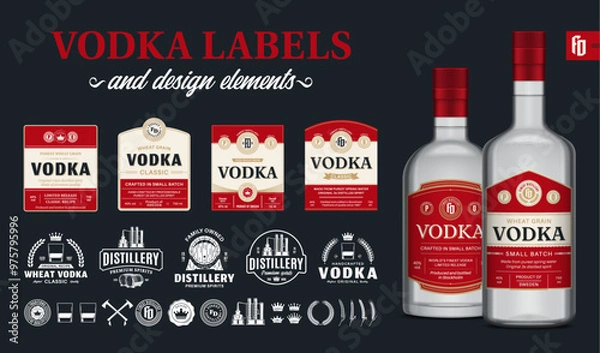 Fototapeta Vector red and beige vodka labels. Realistic vodka glass bottle mockups. Distillery branding and identity design elements