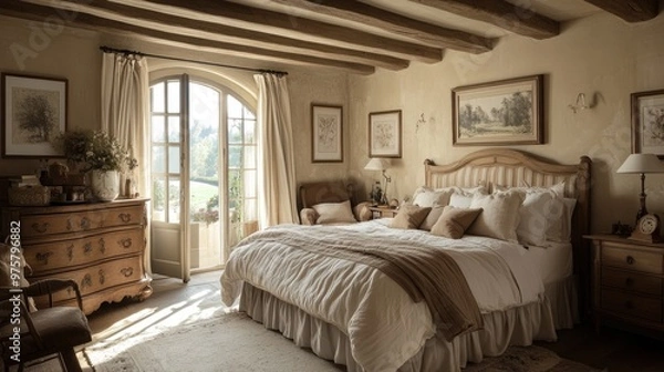 Fototapeta Beautiful French country-inspired bedroom with rustic furniture and elegant decor, creating a tranquil and cozy atmosphere.