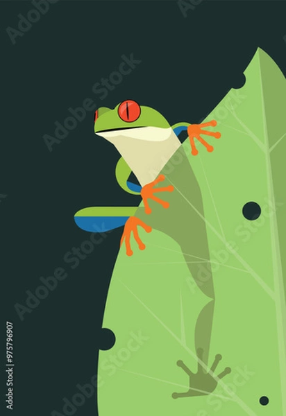 Fototapeta Tree frog sits on a leaf on a dark background, stylized image, vector