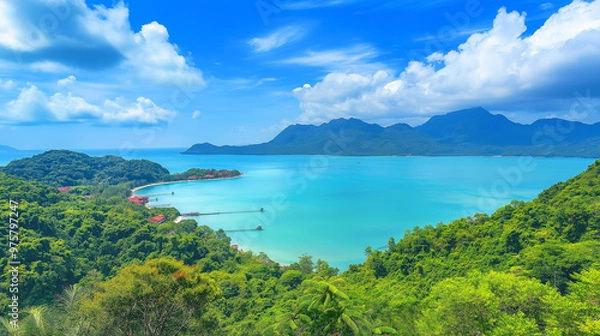 Fototapeta Langkawi Island is beautiful, the sea is beautiful, the sky is clear, the clouds are beautiful, and the trees are green.