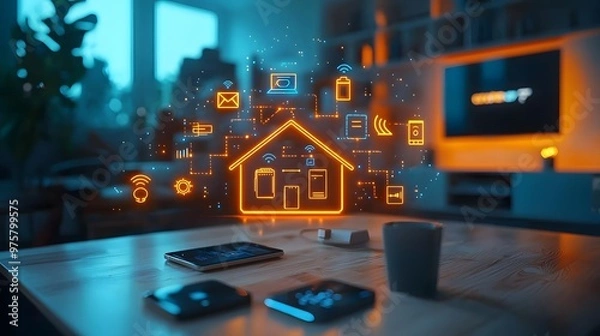 Fototapeta Exploring the Future: A Smart Home with Connected Devices and Interactive Technologies Unleashed. Virtual Business Team Concept