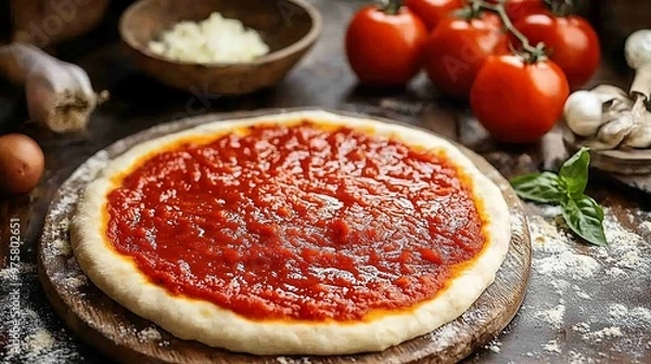 Obraz Pizza Dough with Tomato Sauce on a Wooden Board