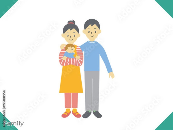 Fototapeta 家族のイラスト、若い夫婦と子供3人の家族