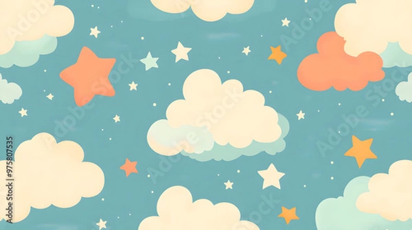 Fototapeta Whimsical Clouds and Stars Digital Wallpaper
