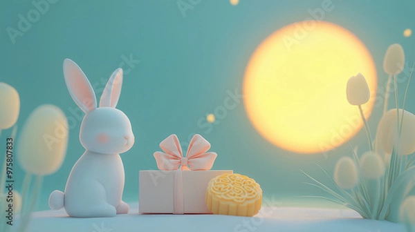 Fototapeta Moon cake with jade rabbit for Mid-Autumn Festival