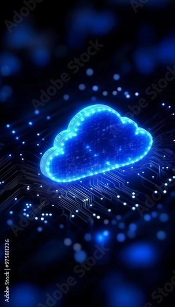 Obraz A glowing blue cloud symbolizing cloud computing technology, surrounded by digital circuits and data points.