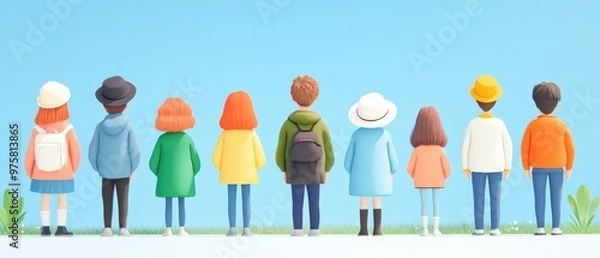Fototapeta A colorful of diverse people standing together against a blue sky, representing unity and friendship.