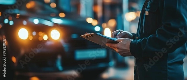Fototapeta Car mechanic checking vehicle condition with clipboard and pen.